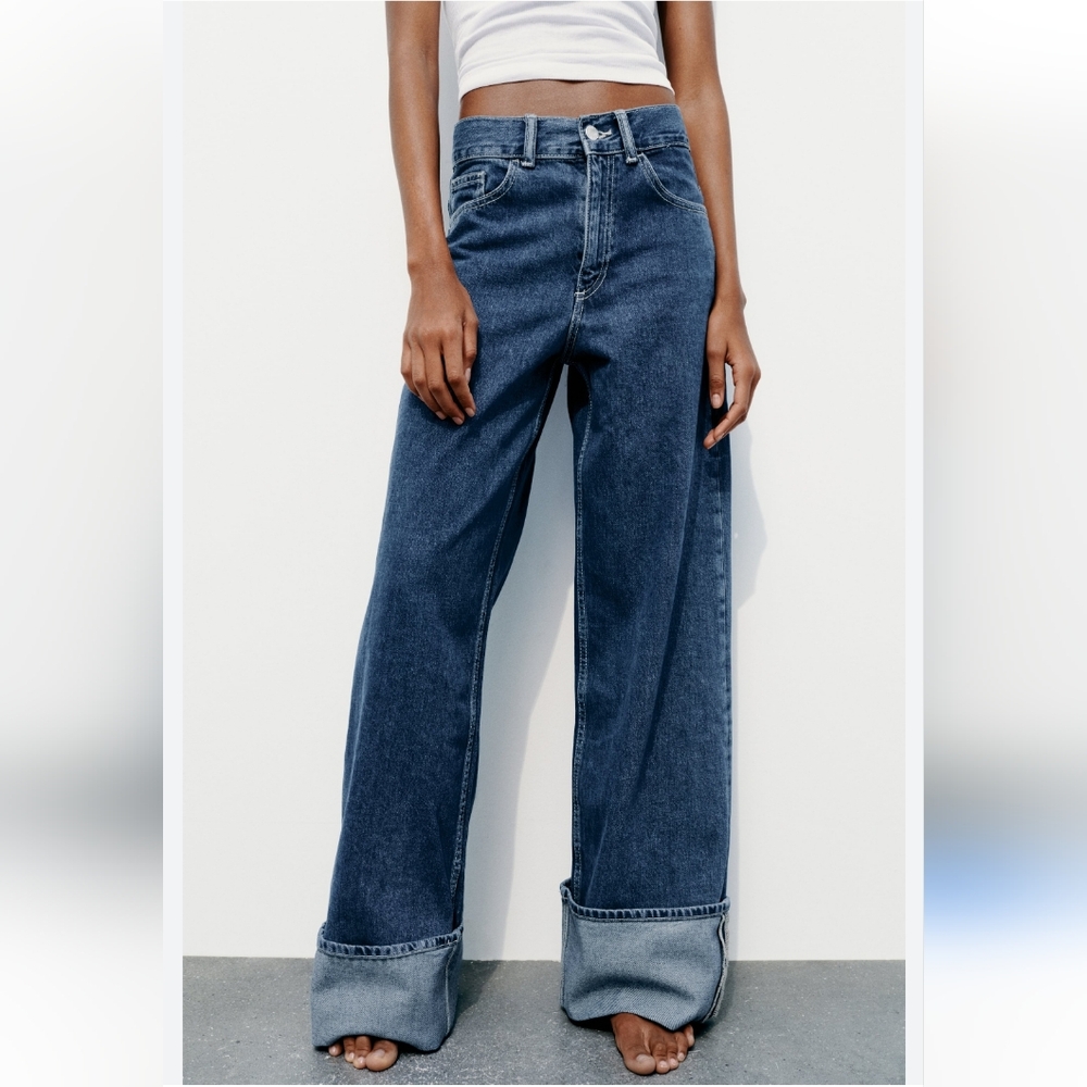 Zara WIDE LEG HIGH WAIST TURNED UP JEANS Blue - Picture 13 of 16